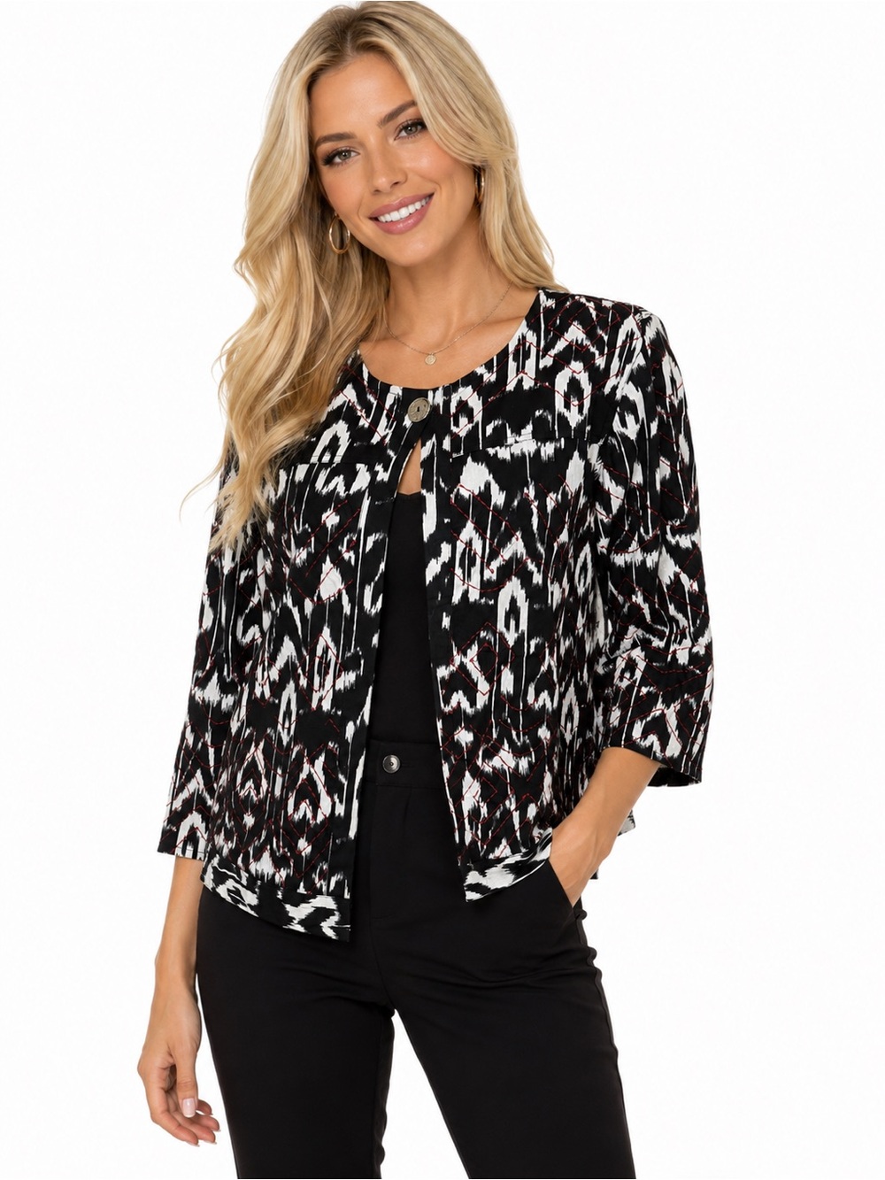 Choices Jacket Size Medium Black White Ikat Print Open Front 3/4 Sleeve Career